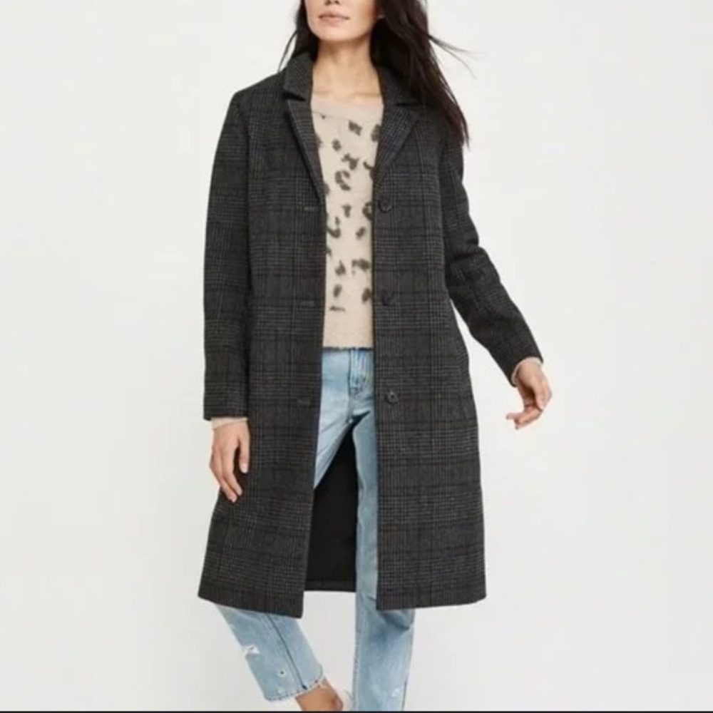 NWT Aber & Fitch wool blend classic coat dark gray plaid unisex XS M/S-M W
